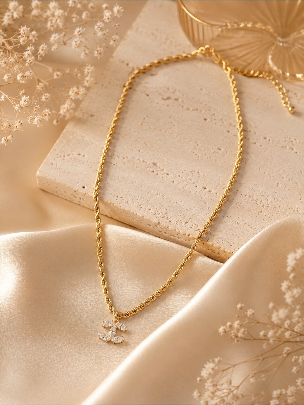 Gold Rope Chain Necklace With Interlocking Double-C Rhinestone Pendant - Picture 3 of 10